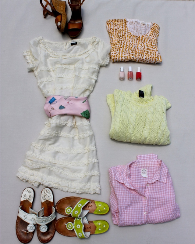 Moving clockwise from the top left:  Wedges from J.Crew J. Crew Cardigan Essie Nail Polish: From left to right- Limo-scene, Pink Glove Service, Coral Reef Gap Pull-Over Sweater J. Crew Gingham Button Up 2 Pairs of Fabulous Jack Rodgers  J. Crew Dress with Hermes scarf around waist 