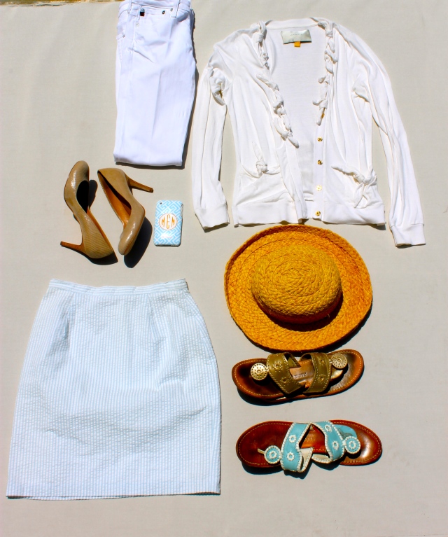 Clockwise from top left: "The Stilt" White Jeans from Adriano Goldschmied Cream Light- weight sweater from Leifsdottir Straw hat bought on the Beach Gold and Light blue Jack Rogers  Seersucker Light Blue J-Crew Shirt Nude Ann Taylor pumps 